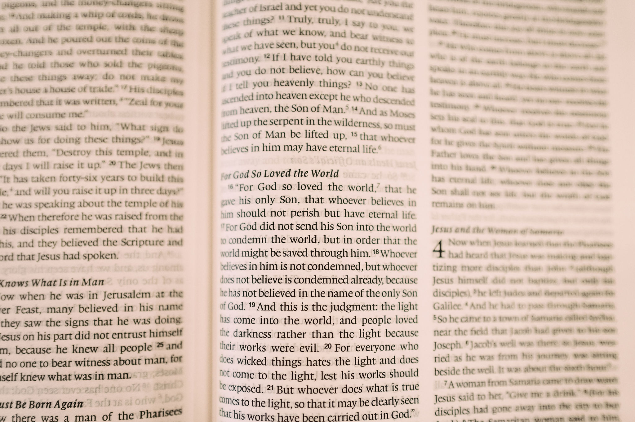 An open Bible showing the Gospel of John